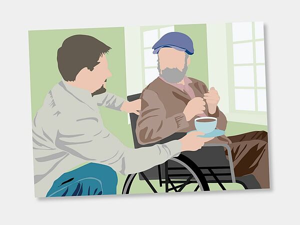Ein junger Mann reicht einem Mann im Rollstuhl ein warmes Getränk.